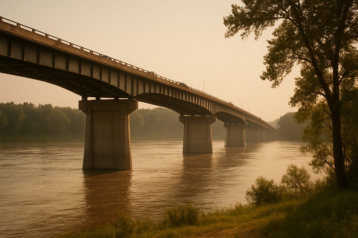 A long concrete highway bridge crossing the wide brown Missouri River at golden hour, seen from the grassy bank below.