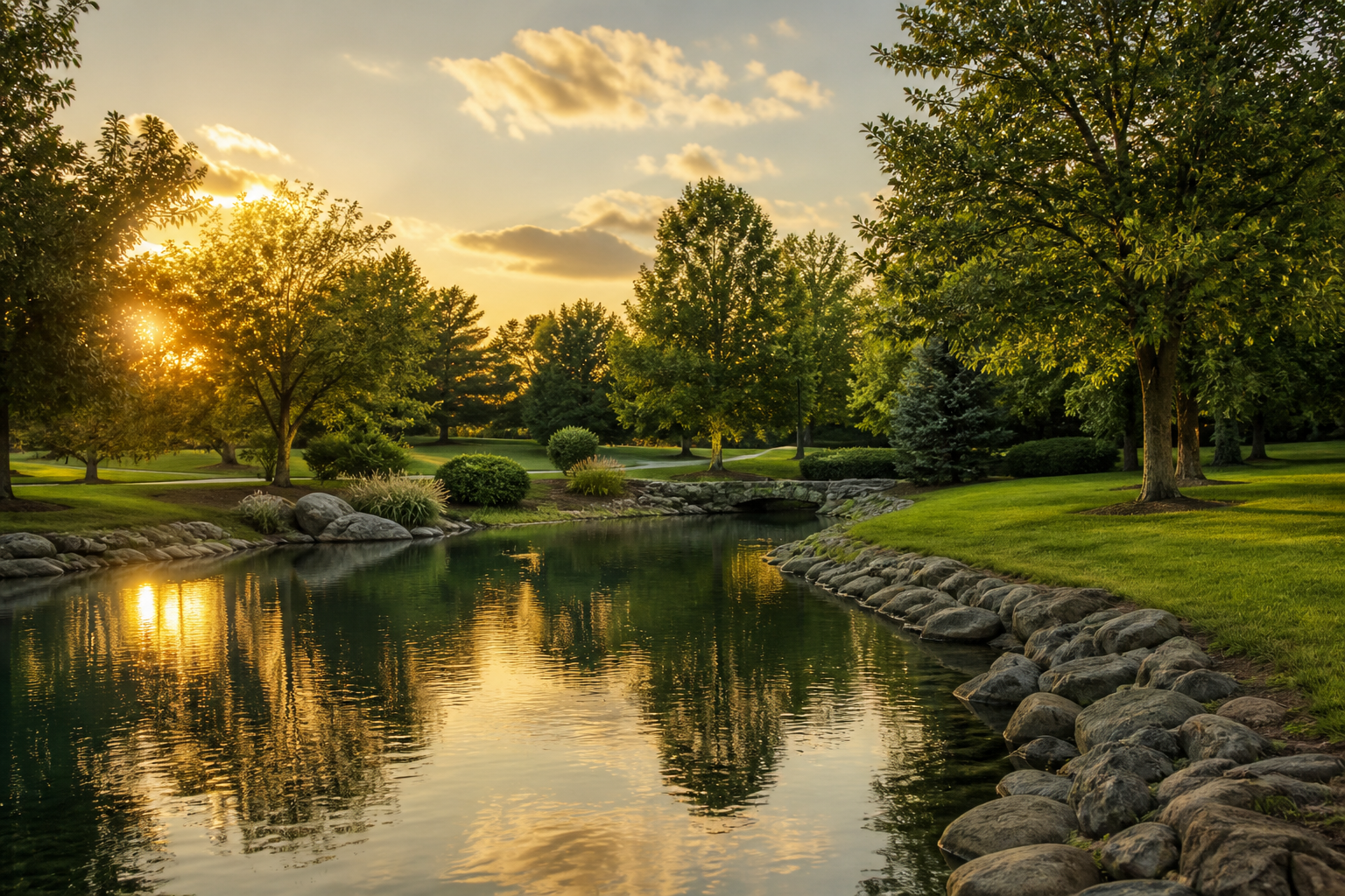 A quiet pond and trees at golden hour in a West County landscape.