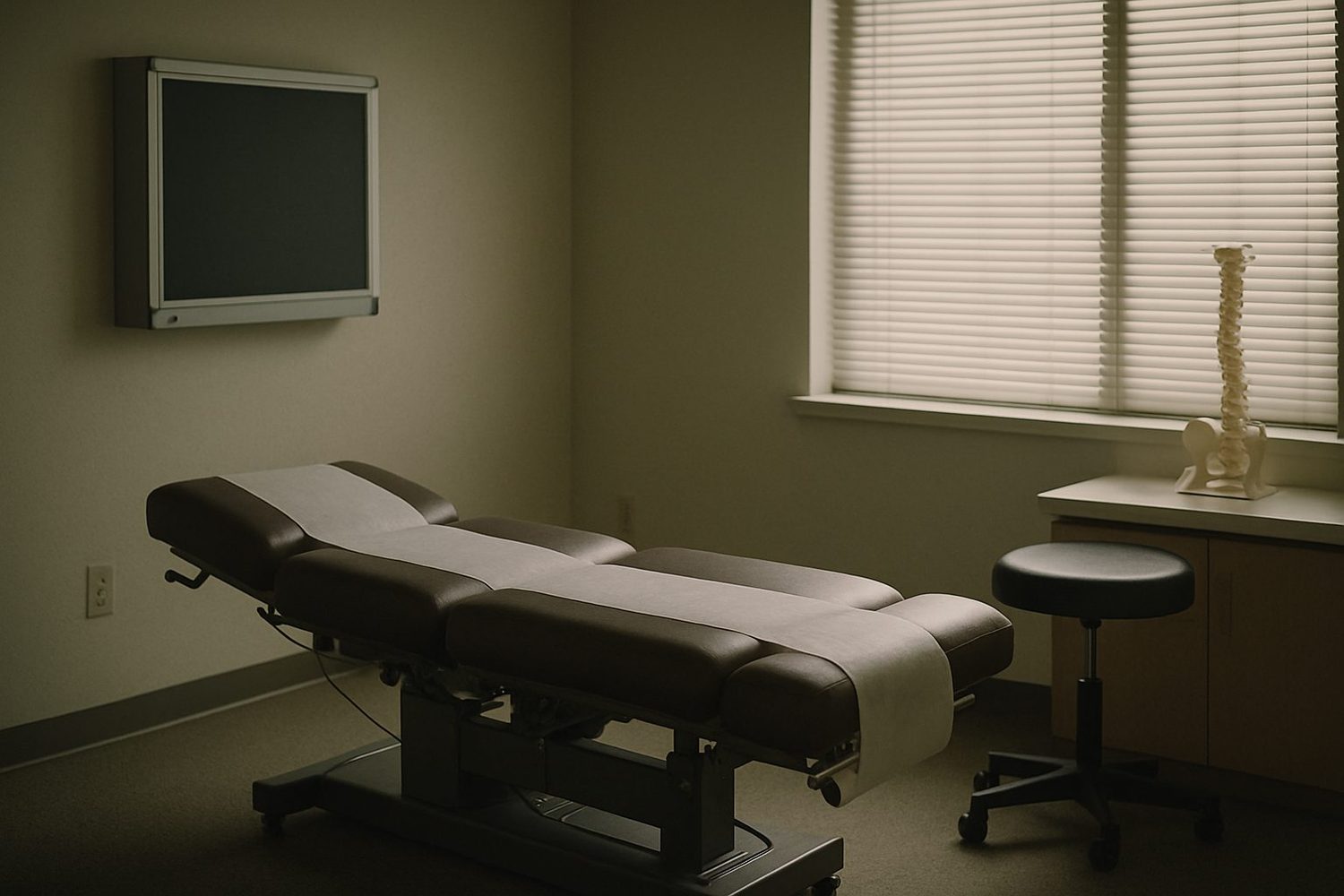 A quiet chiropractic exam room with an adjustable treatment table, a switched-off lightbox on the wall, a rolling stool, and a spine model on the counter in window light.