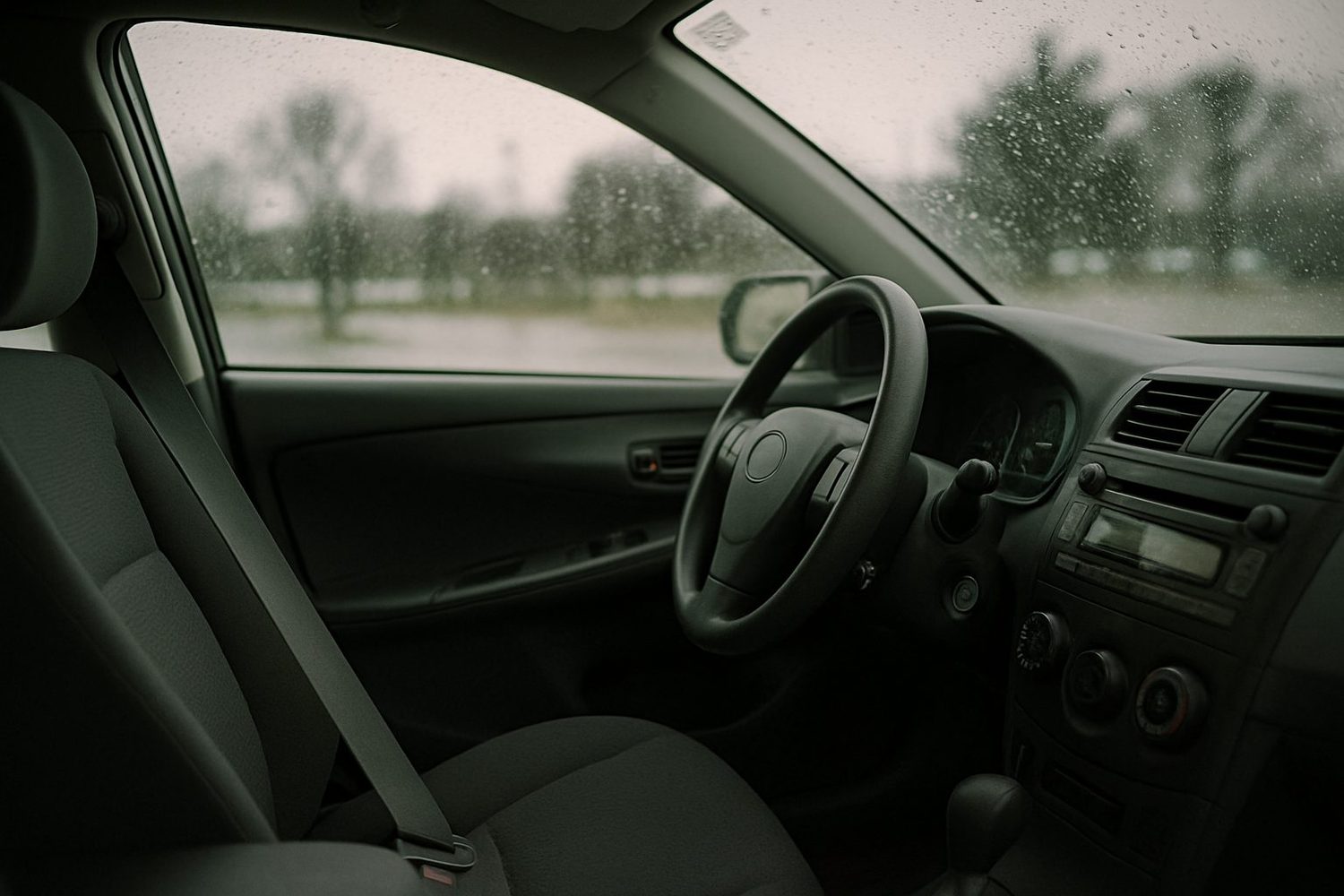 The interior of a parked car after rain, steering wheel and dashboard with the engine off, a fastened seat belt across an empty driver seat, raindrops on the windshield.