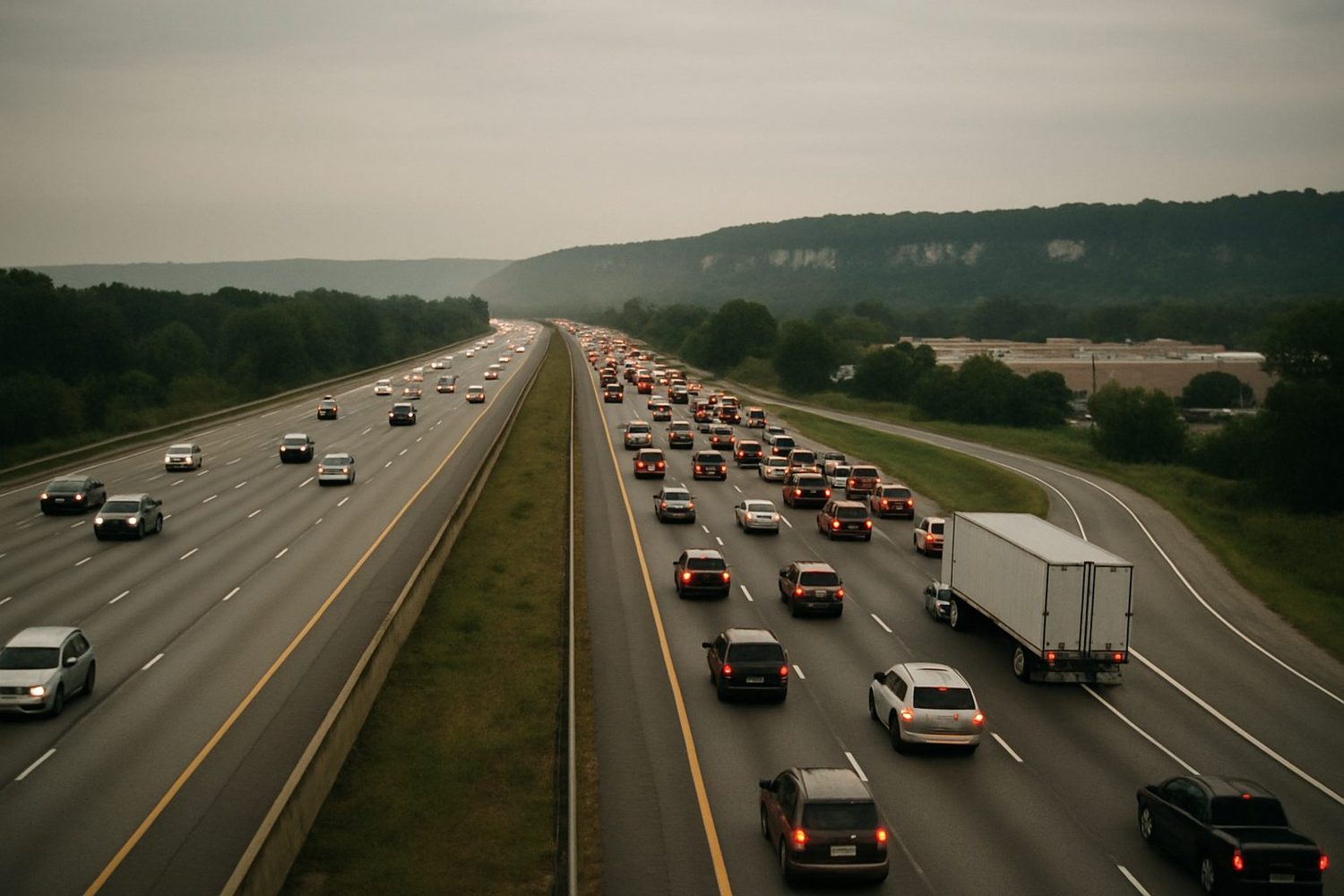 A six-lane interstate running flat through the river valley on an overcast afternoon, traffic stacked in the near lanes.
